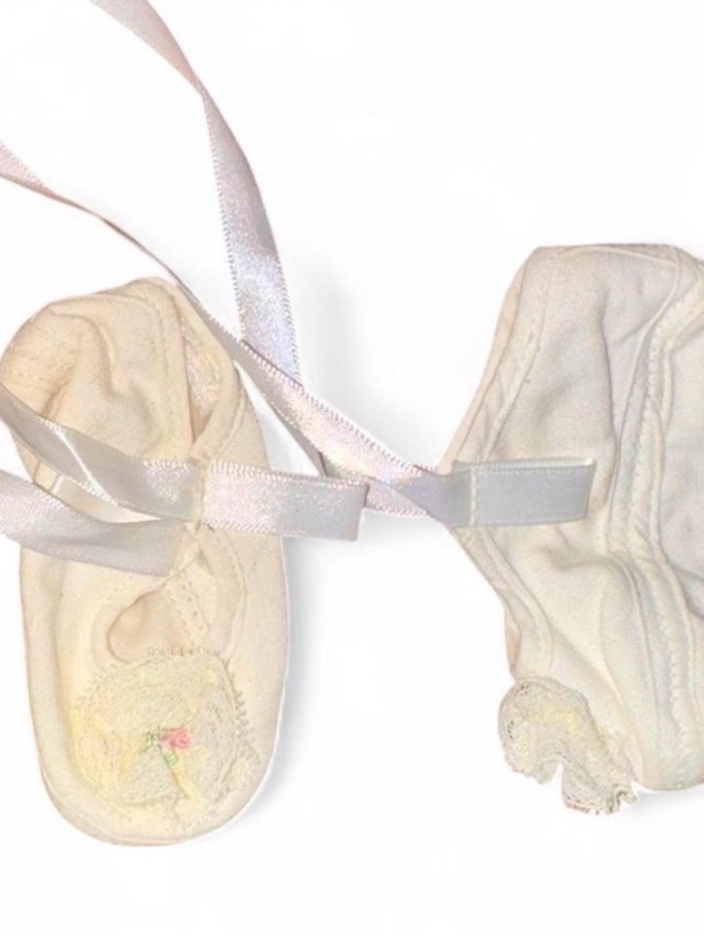 Vintage Baby Ribbon Tie Booties White Embroidered